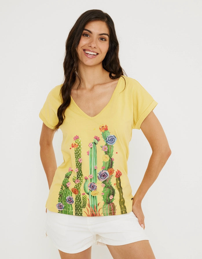 Kurzärmeliges T-Shirt aus Baumwolle Gelb - Peyotec