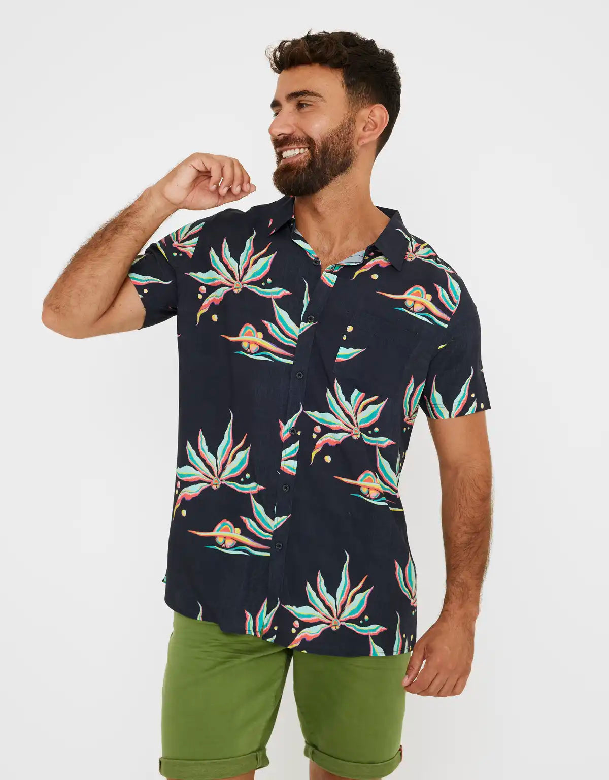 Camisa Manga Corta Tropical Azul Marino - Oxley
