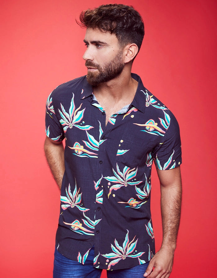Camisa Manga Corta Tropical Azul Marino - Oxley