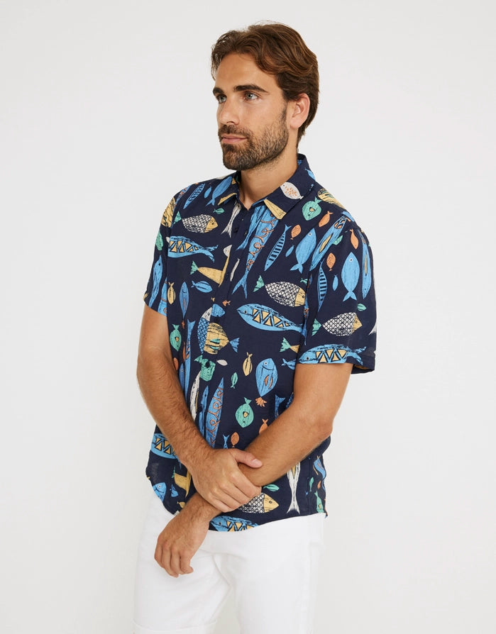 Marineblaues Kurzarmhemd - Fishwood