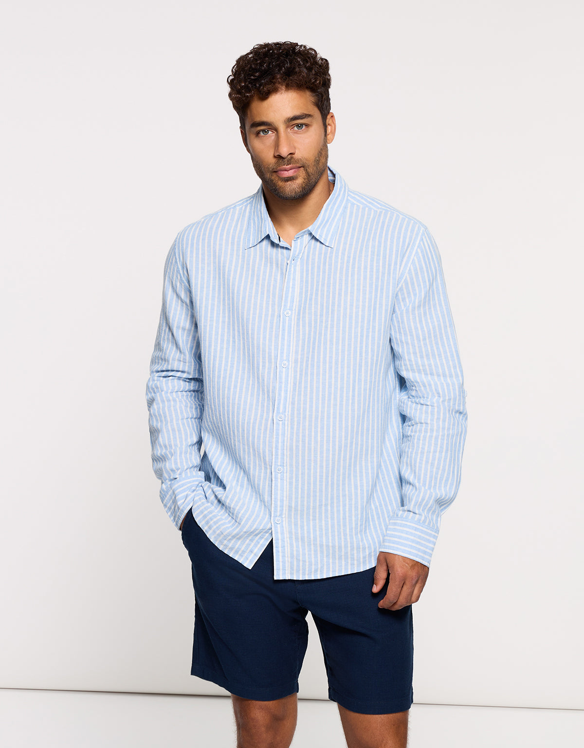 Camisa Rayas Manga Larga Azul - Ciclone