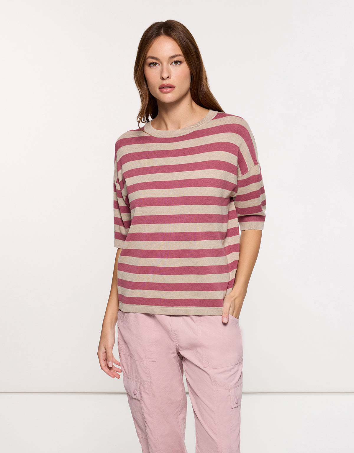 Jersey Manga Corta Rosa Rayas - Krekla