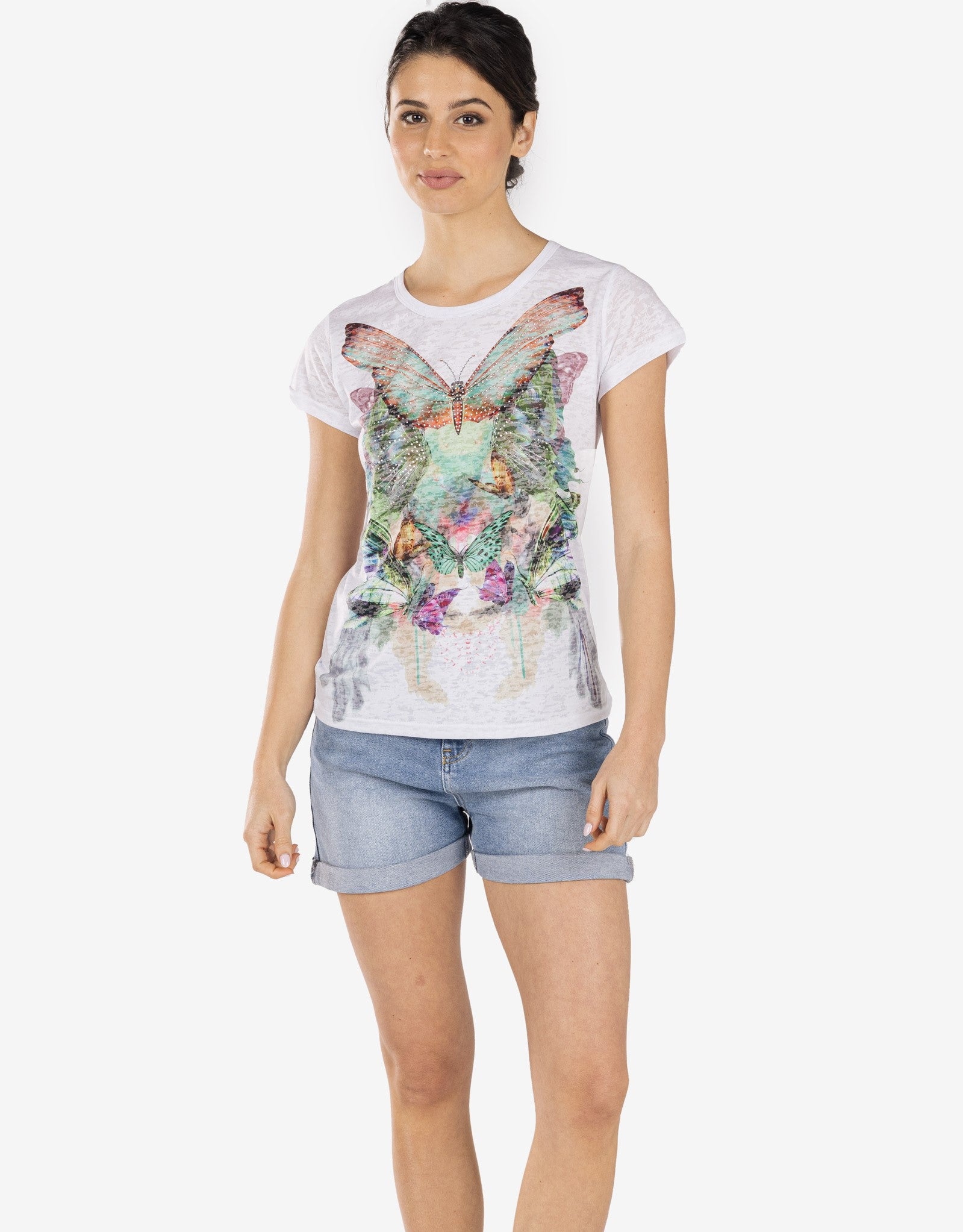 Kurzärmeliges T-Shirt mit Strasssteinen Weiß - Nanako