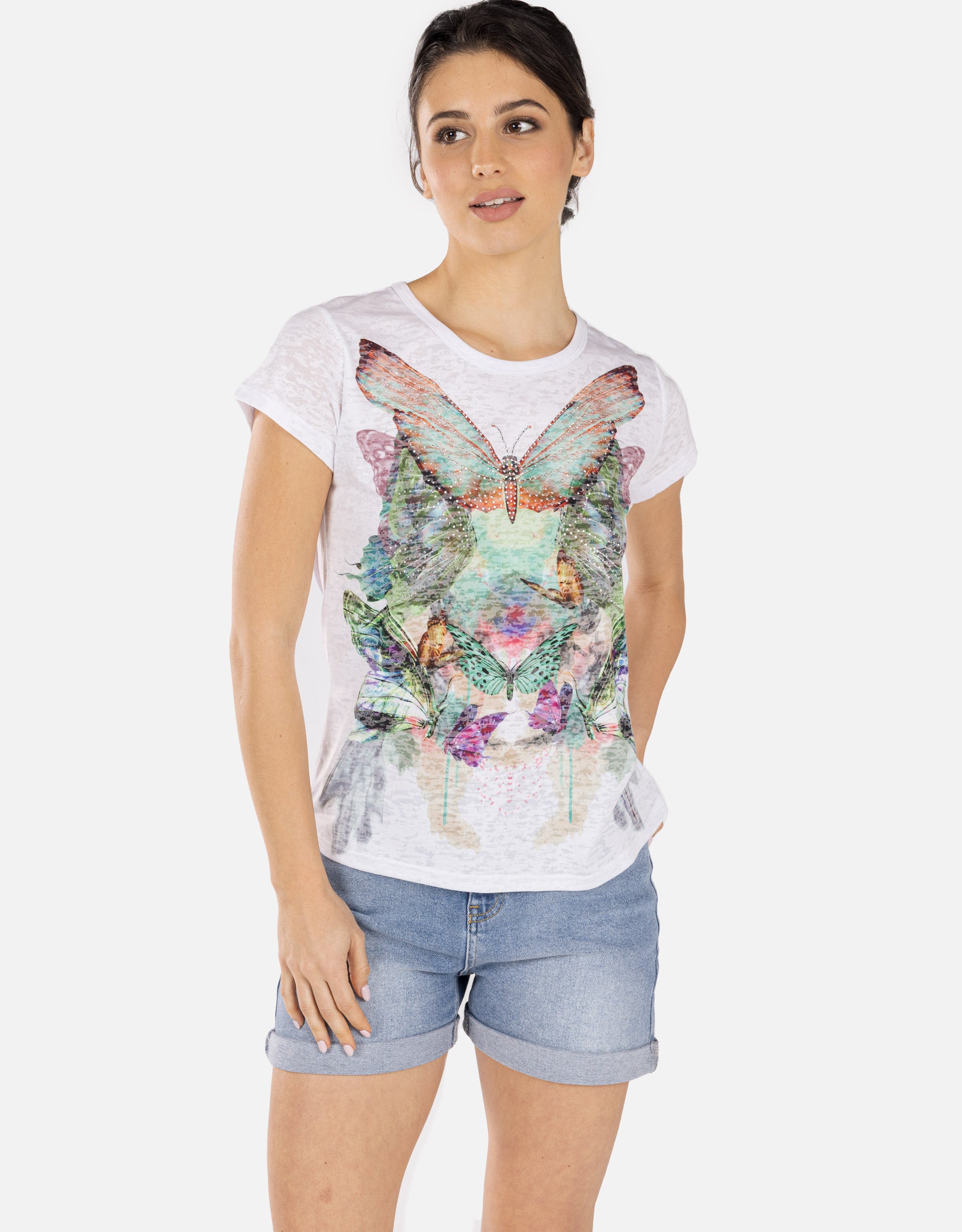 Kurzärmeliges T-Shirt mit Strasssteinen Weiß - Nanako