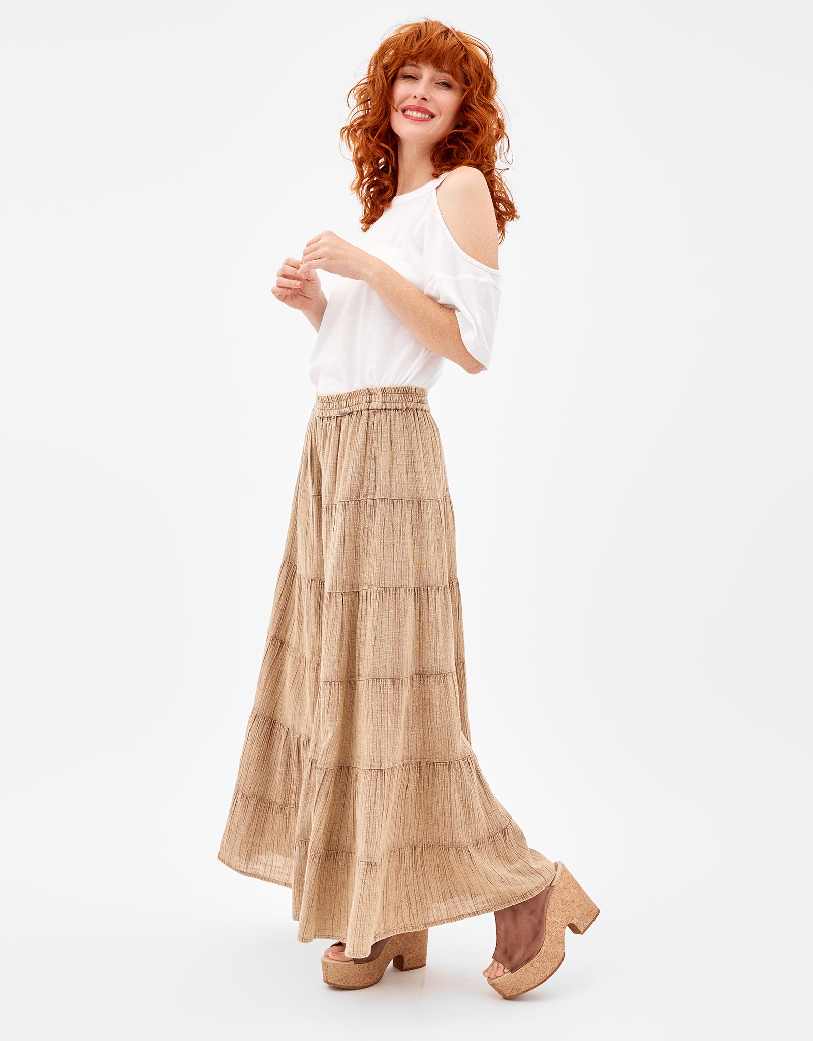 Beige long ruffle clearance skirt