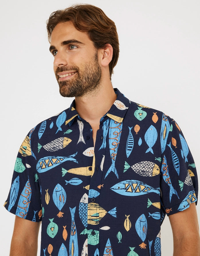 Marineblaues Kurzarmhemd - Fishwood