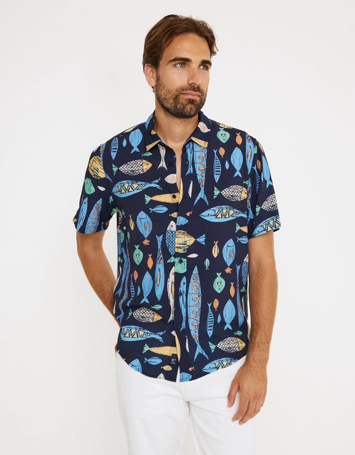 Marineblaues Kurzarmhemd - Fishwood